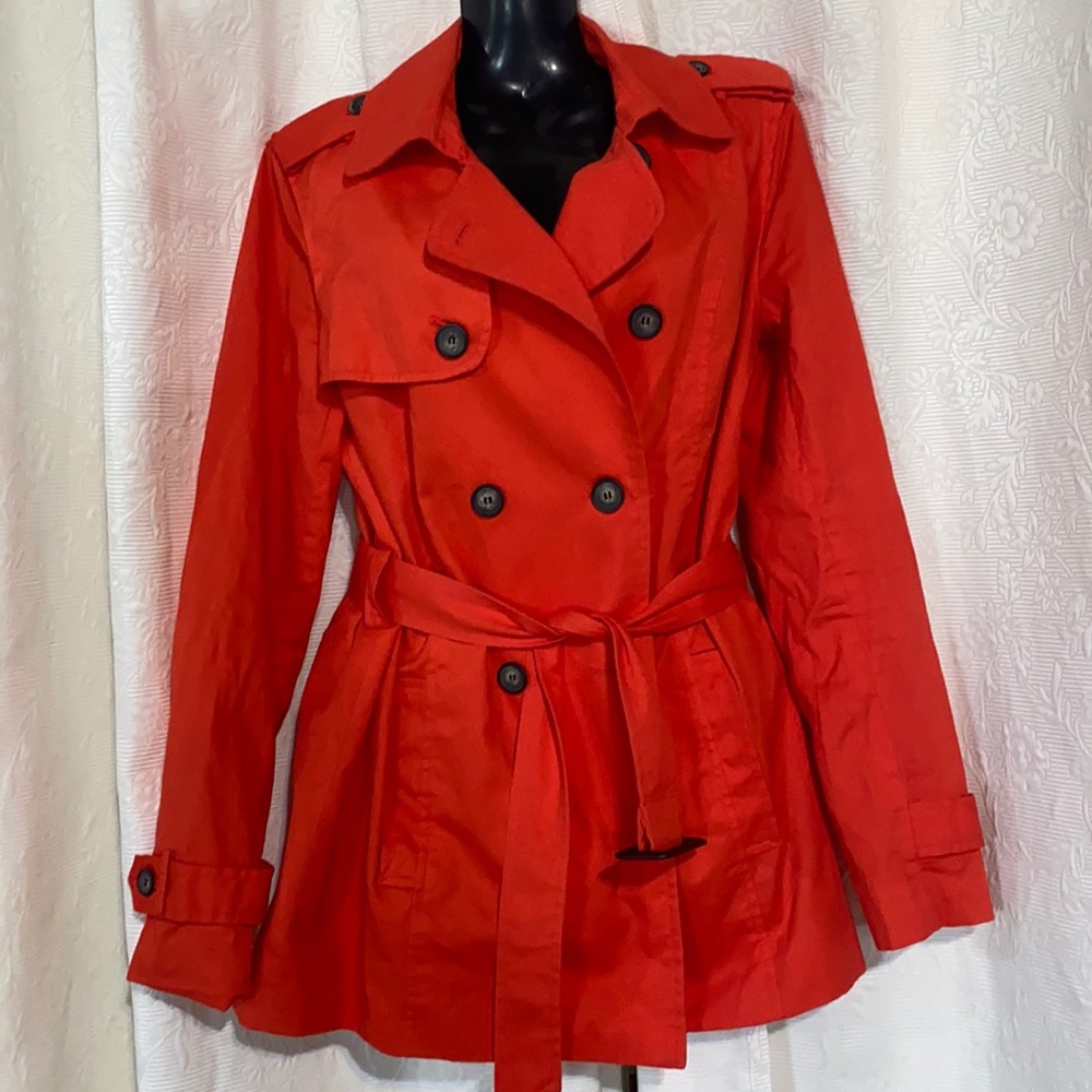 Forever 21 coral/red double breasted belted short trench
